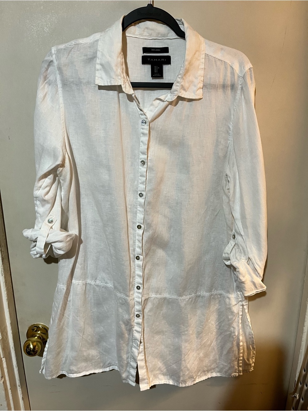 Tahari White Linen Button-Up Tunic Top Size Large NWOT